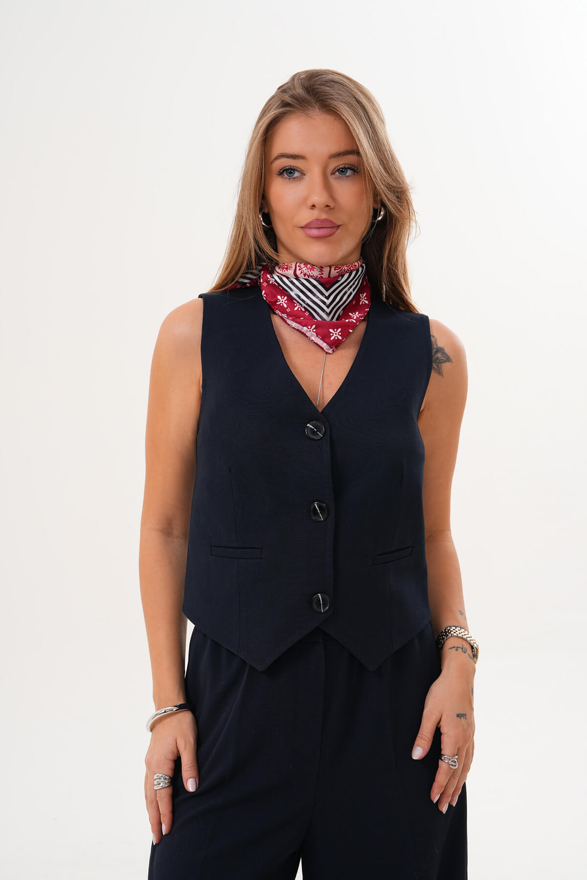 Astarlı Düğmeli Kısa Yelek MDG-ALTY-5183 Lacivert - 1