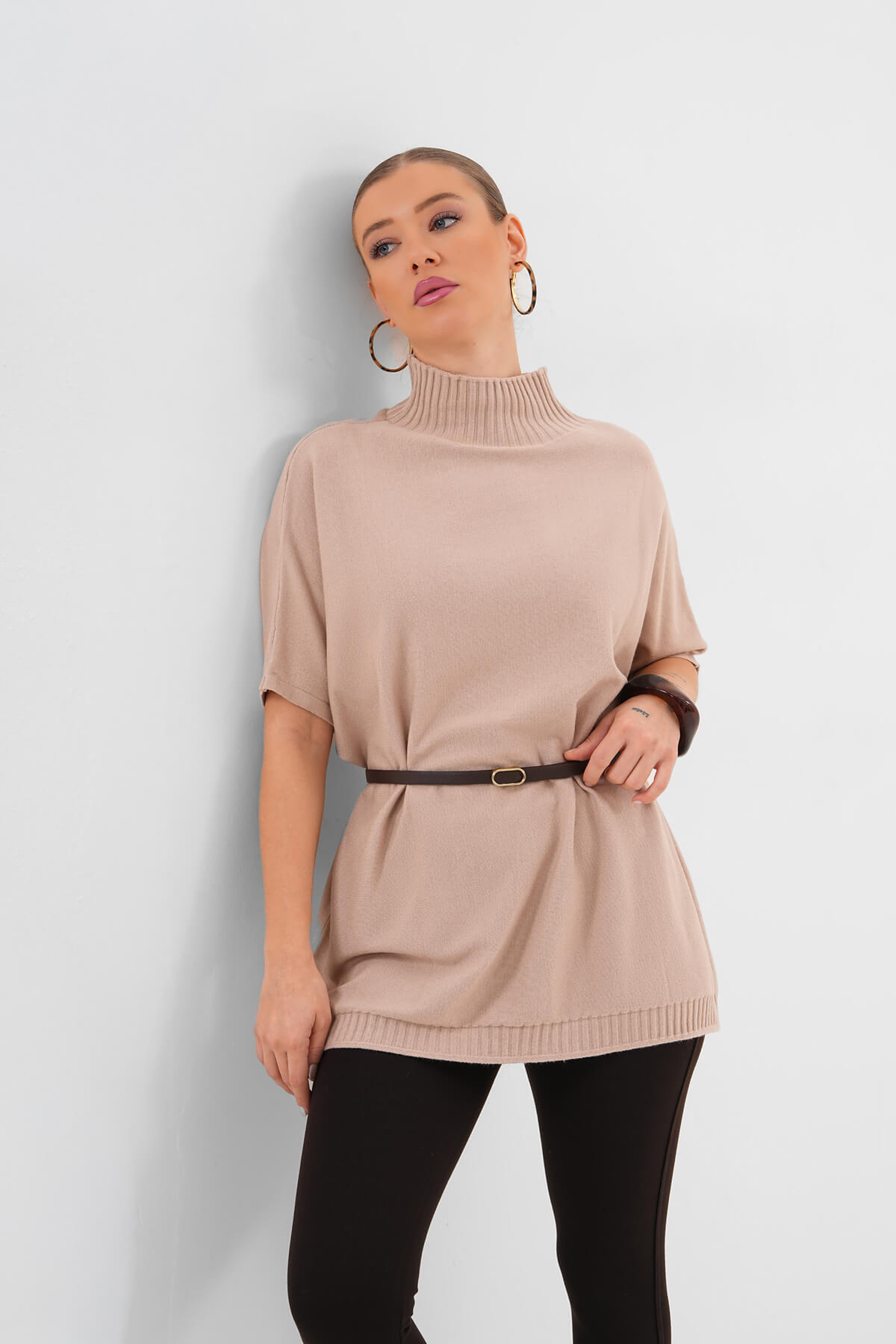 Balıkçı Yaka Yarım Kol Triko Kazak MDG-25320 Bej - MDG