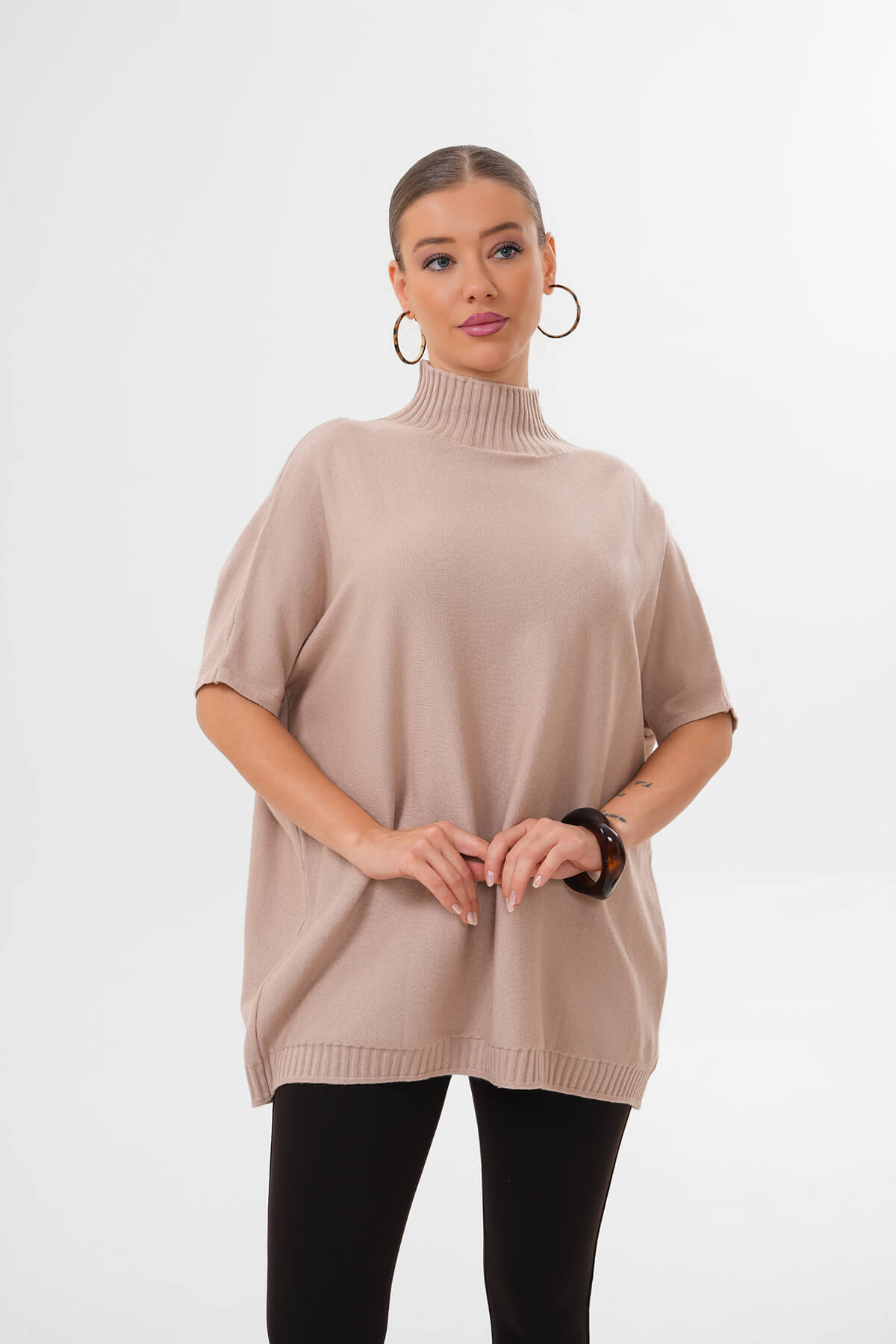 Balıkçı Yaka Yarım Kol Triko Kazak MDG-25320 Bej - 2