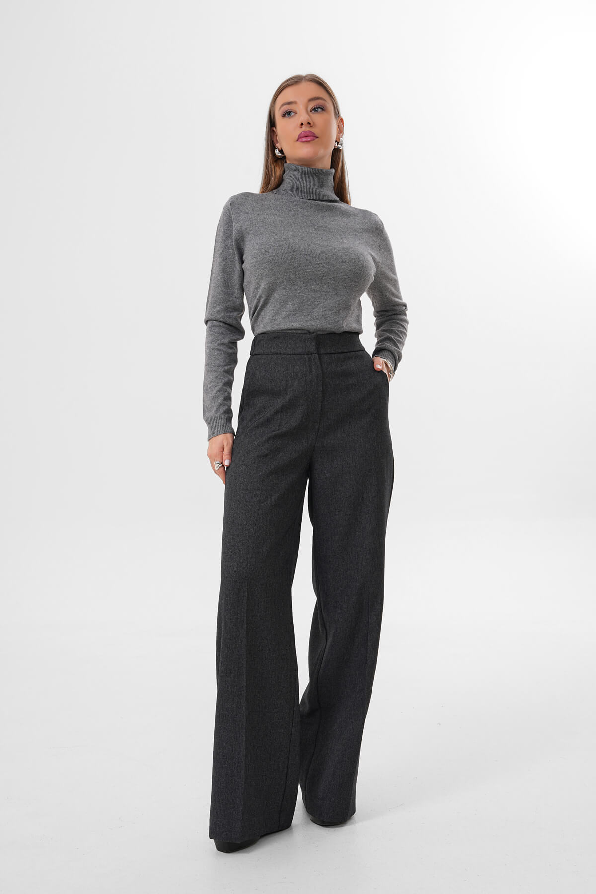 Beli Lastikli Bol Paça Pantolon MDG-ALTY-008-2 Gri - MDG