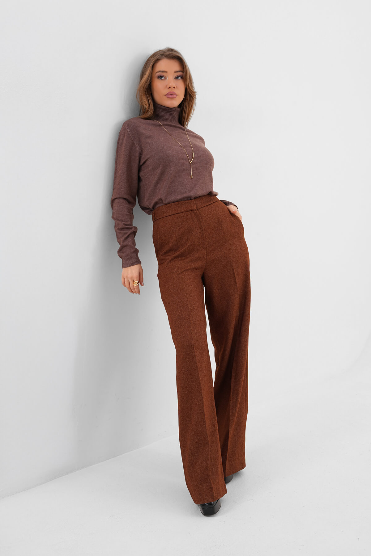 Beli Lastikli Bol Paça Pantolon MDG-ALTY-008-2 Kahverengi - 1