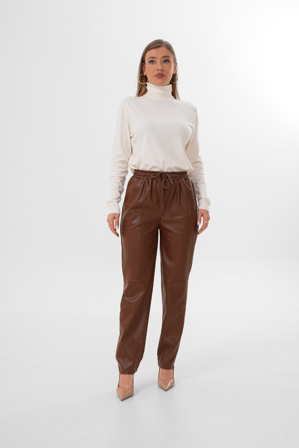 Beli Lastikli Deri Pantolon MDG-25-1454 Kahverengi - 1