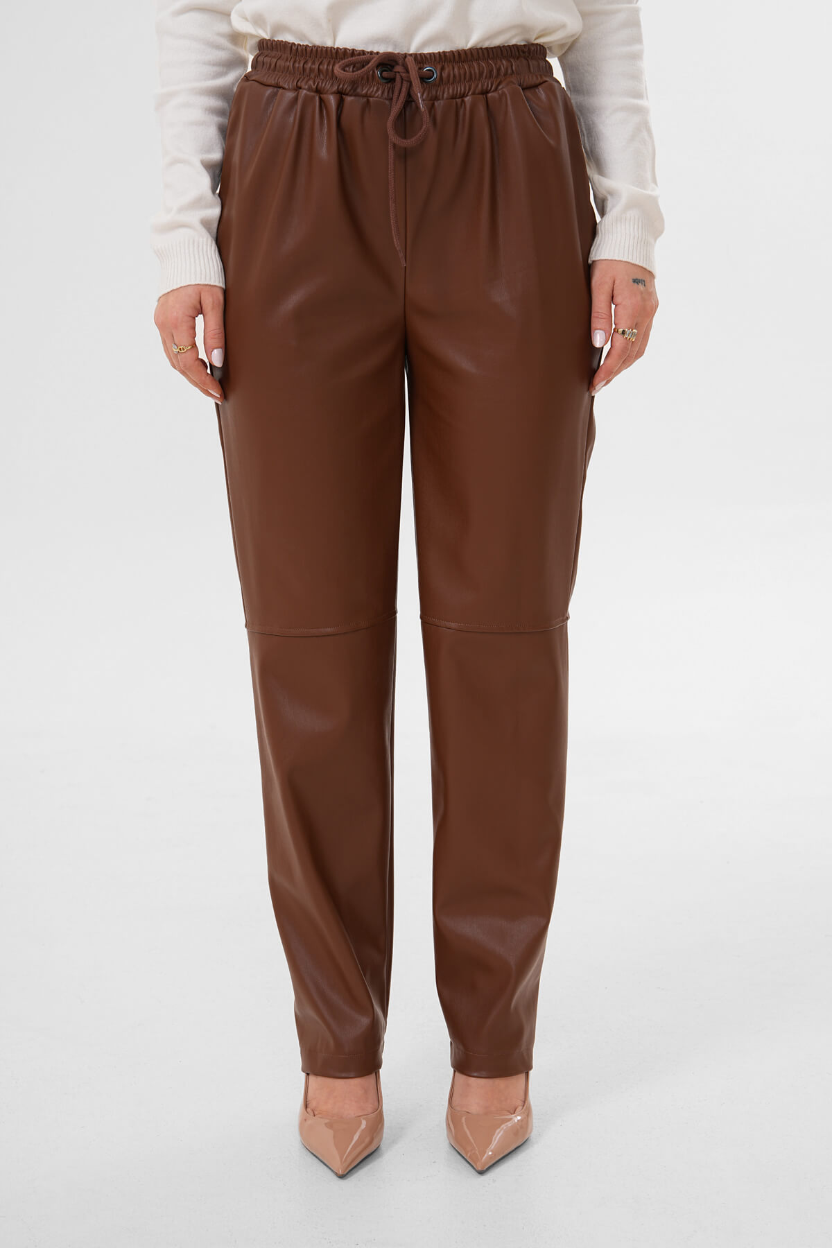 Beli Lastikli Deri Pantolon MDG-25-1454 Kahverengi - 2