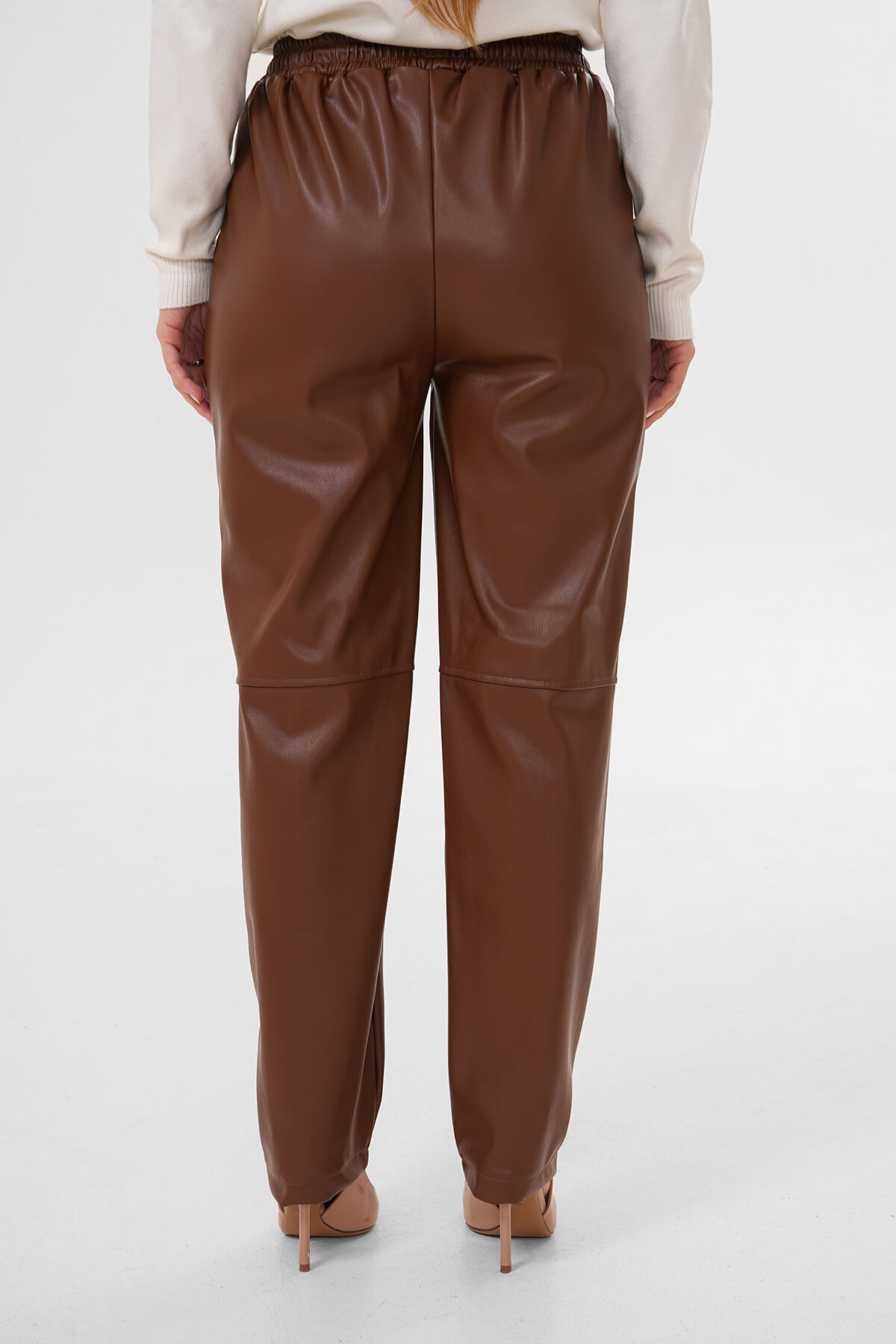 Beli Lastikli Deri Pantolon MDG-25-1454 Kahverengi - 4