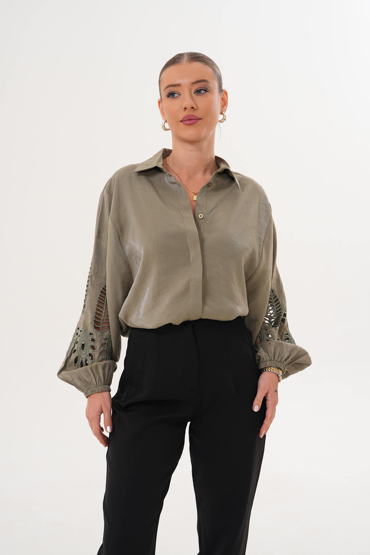 Bilek Lastikli Kolları Nakışlı Gömlek MDG-25-D-19 Haki - 2