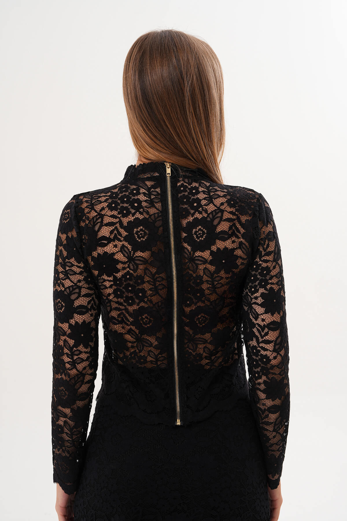 Boğazlı Dantel Bluz MDG-25-D-89 Siyah - 3