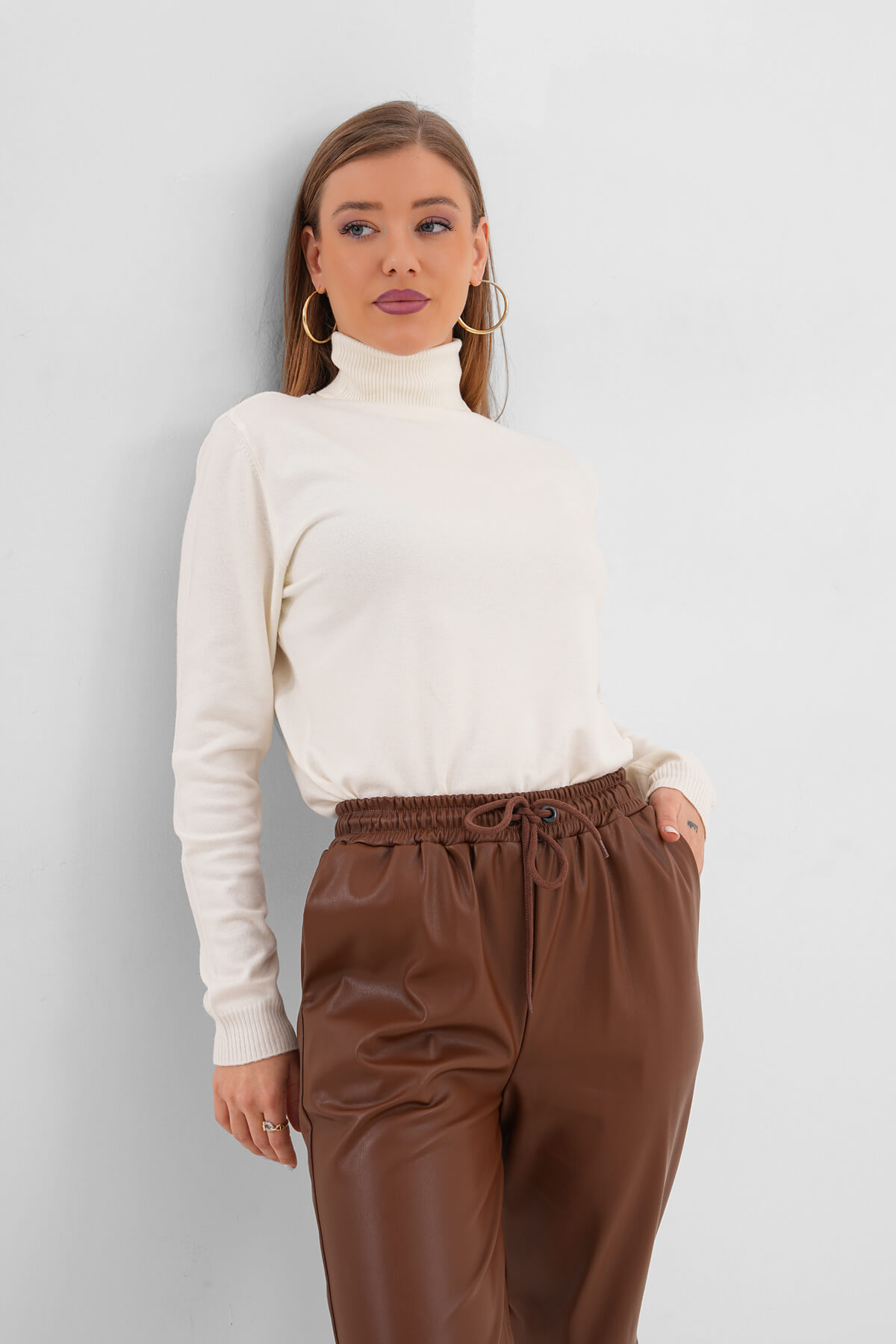 Boğazlı Triko Kazak MDG-22701 Ekru - 1