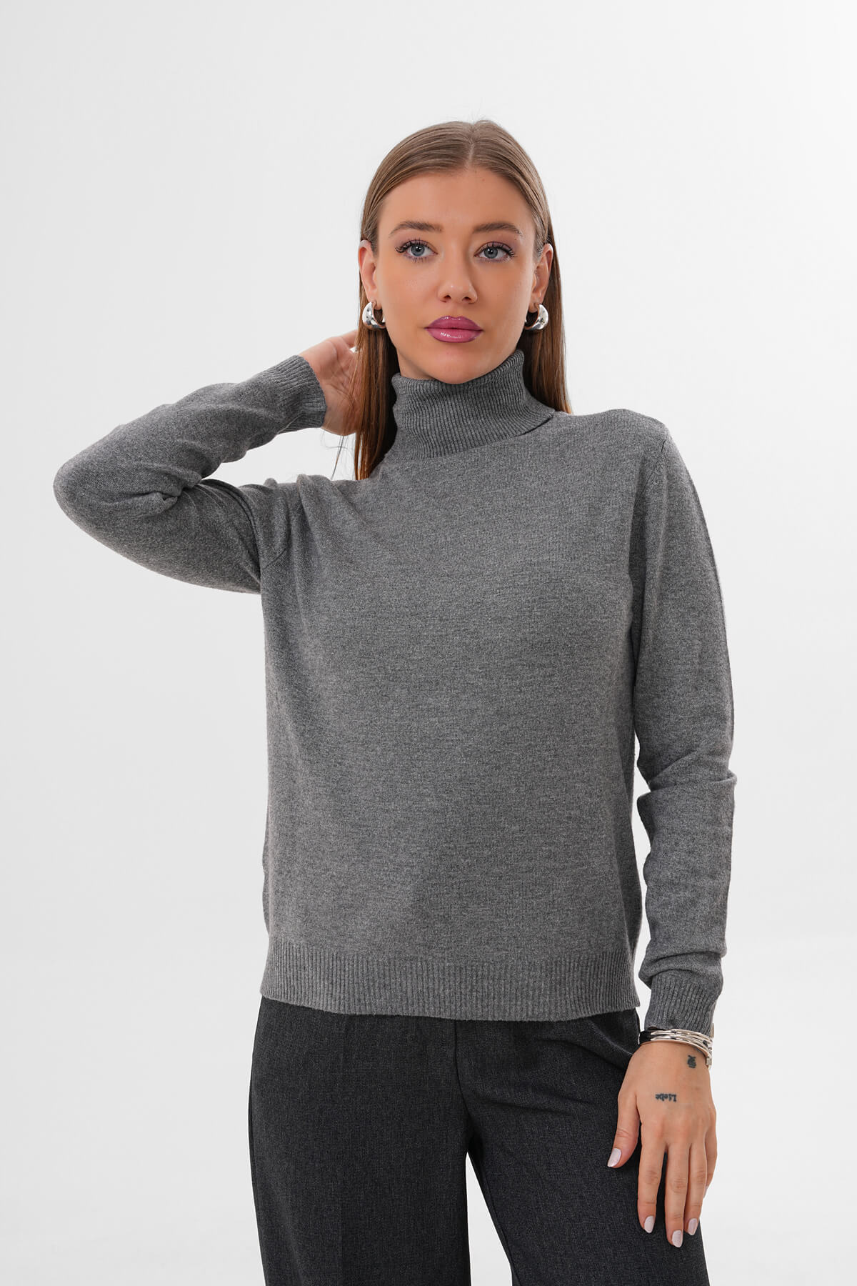 Boğazlı Triko Kazak MDG-22701 Gri - 2