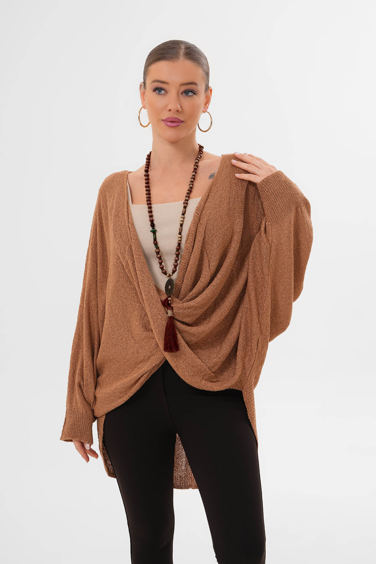 Çapraz Drapeli Triko Bluz MDG-1012 Camel - 1