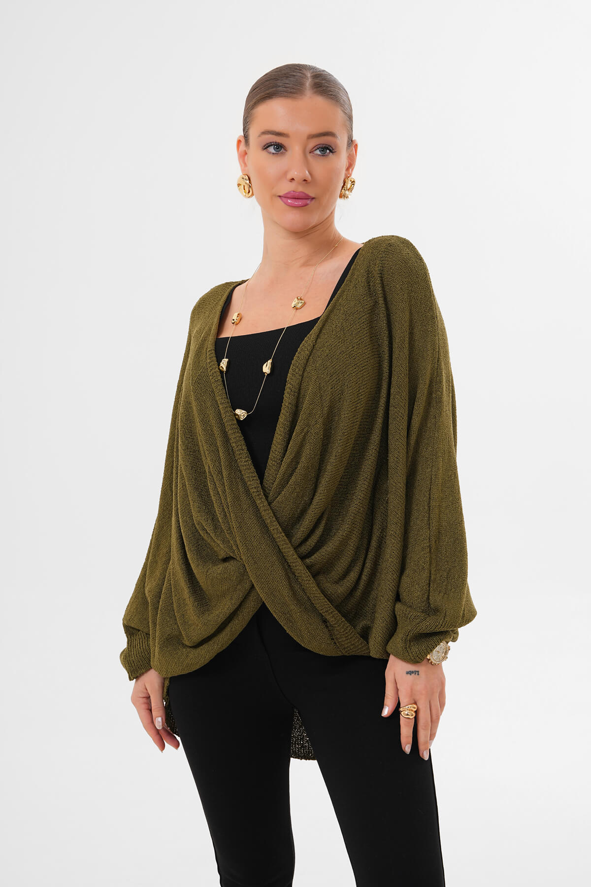 Çapraz Drapeli Triko Bluz MDG-1012 Haki 