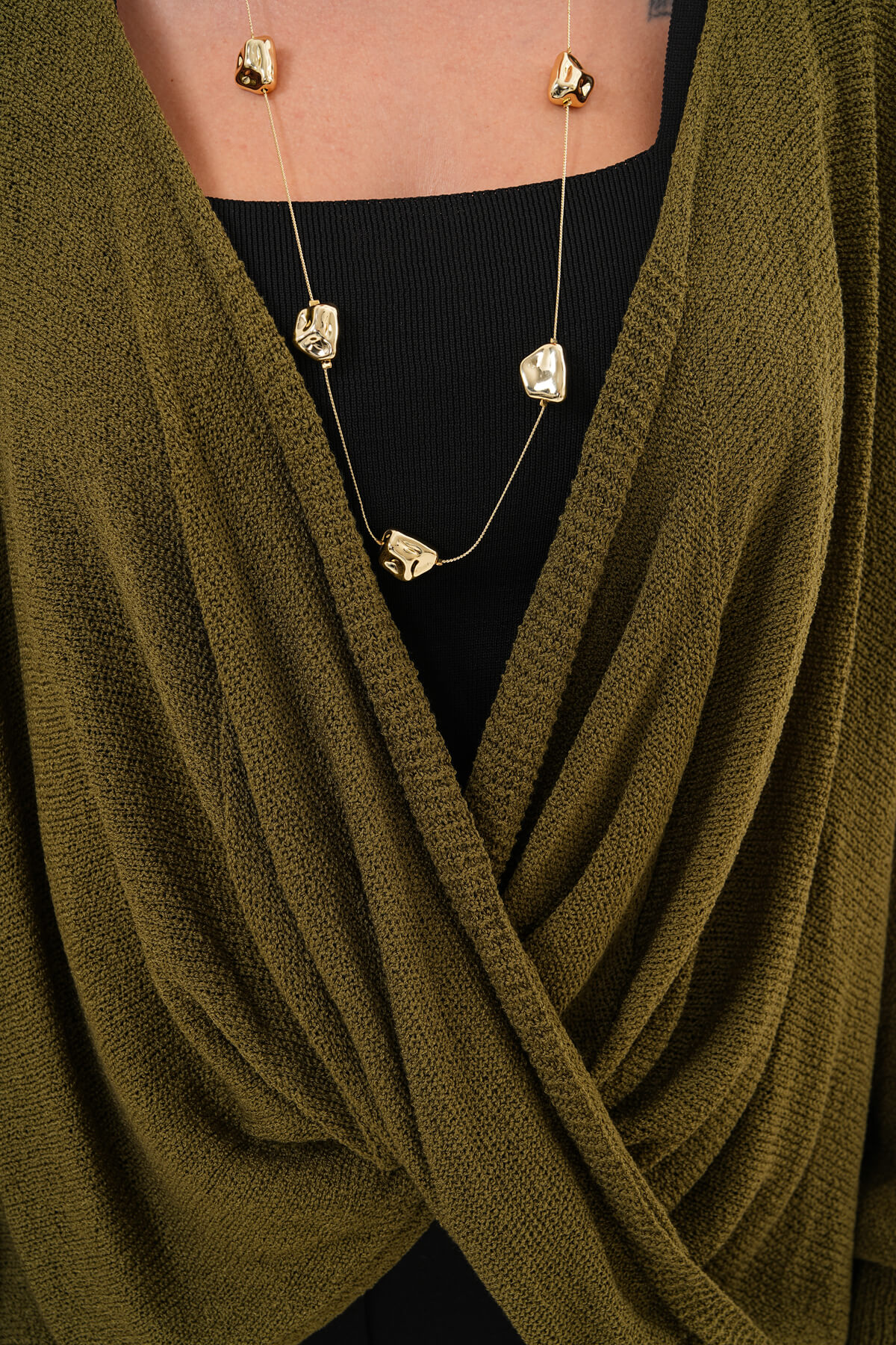 Çapraz Drapeli Triko Bluz MDG-1012 Haki - 2