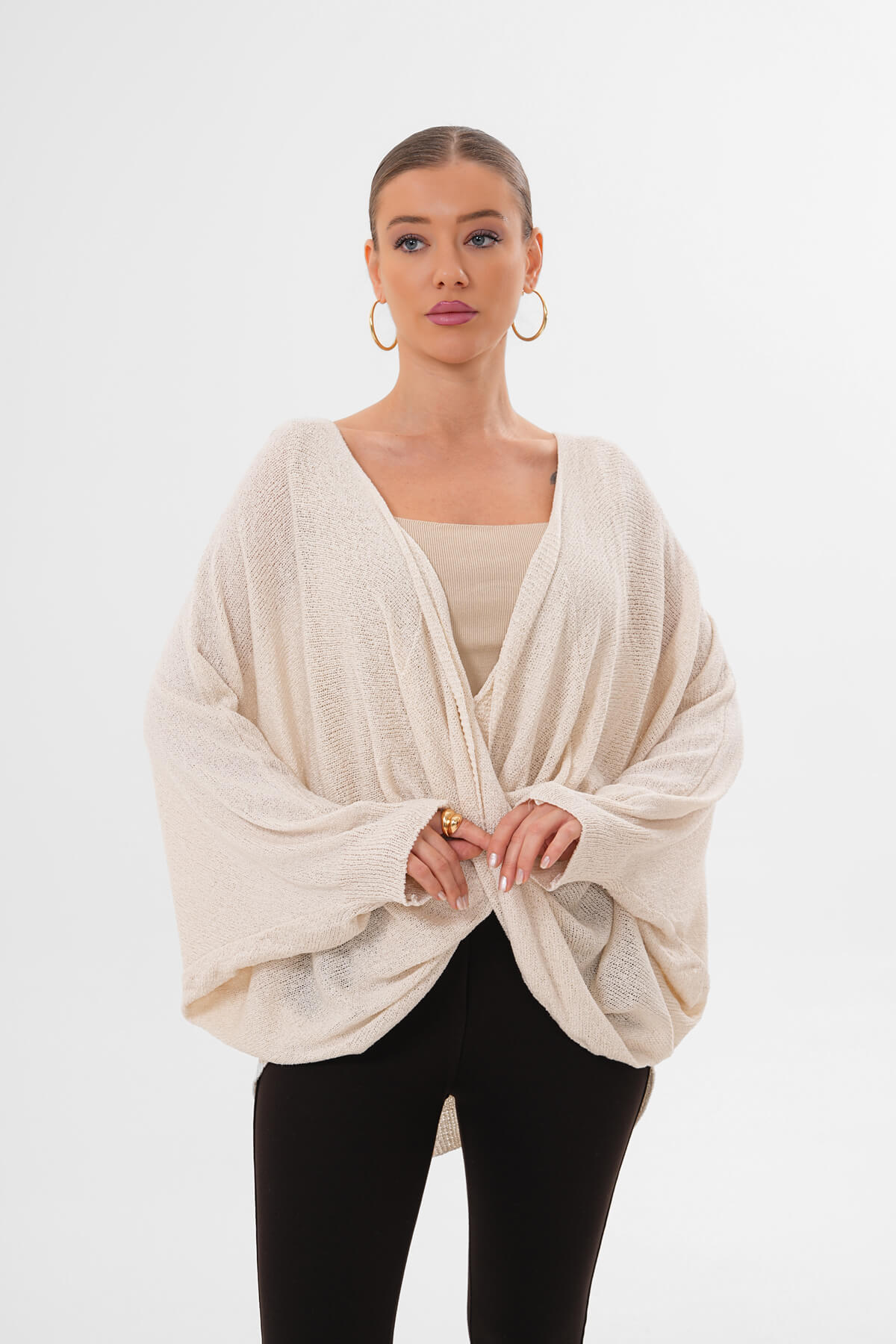 Çapraz Drapeli Triko Bluz MDG-1012 Krem 