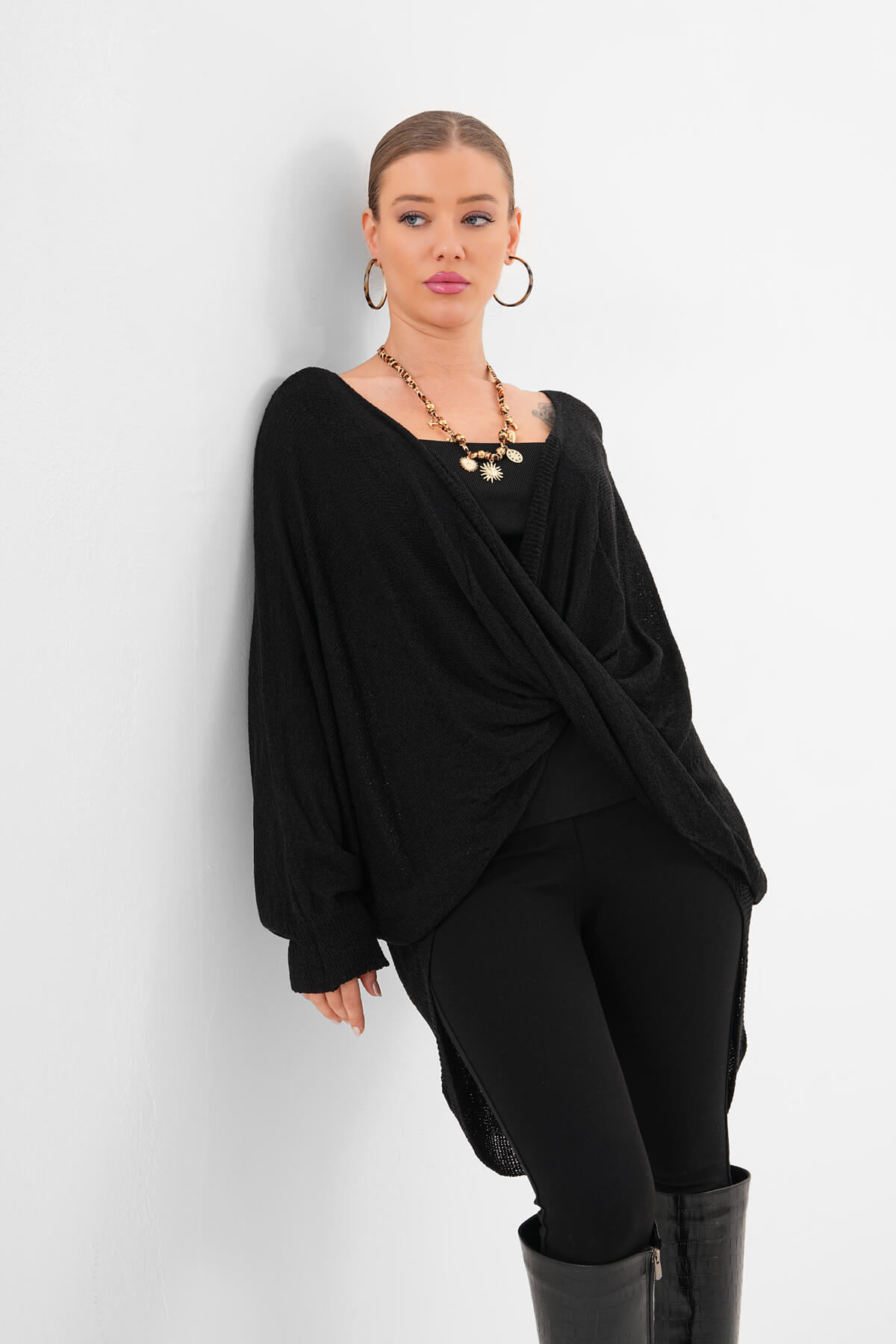 Çapraz Drapeli Triko Bluz MDG-1012 Siyah - 1