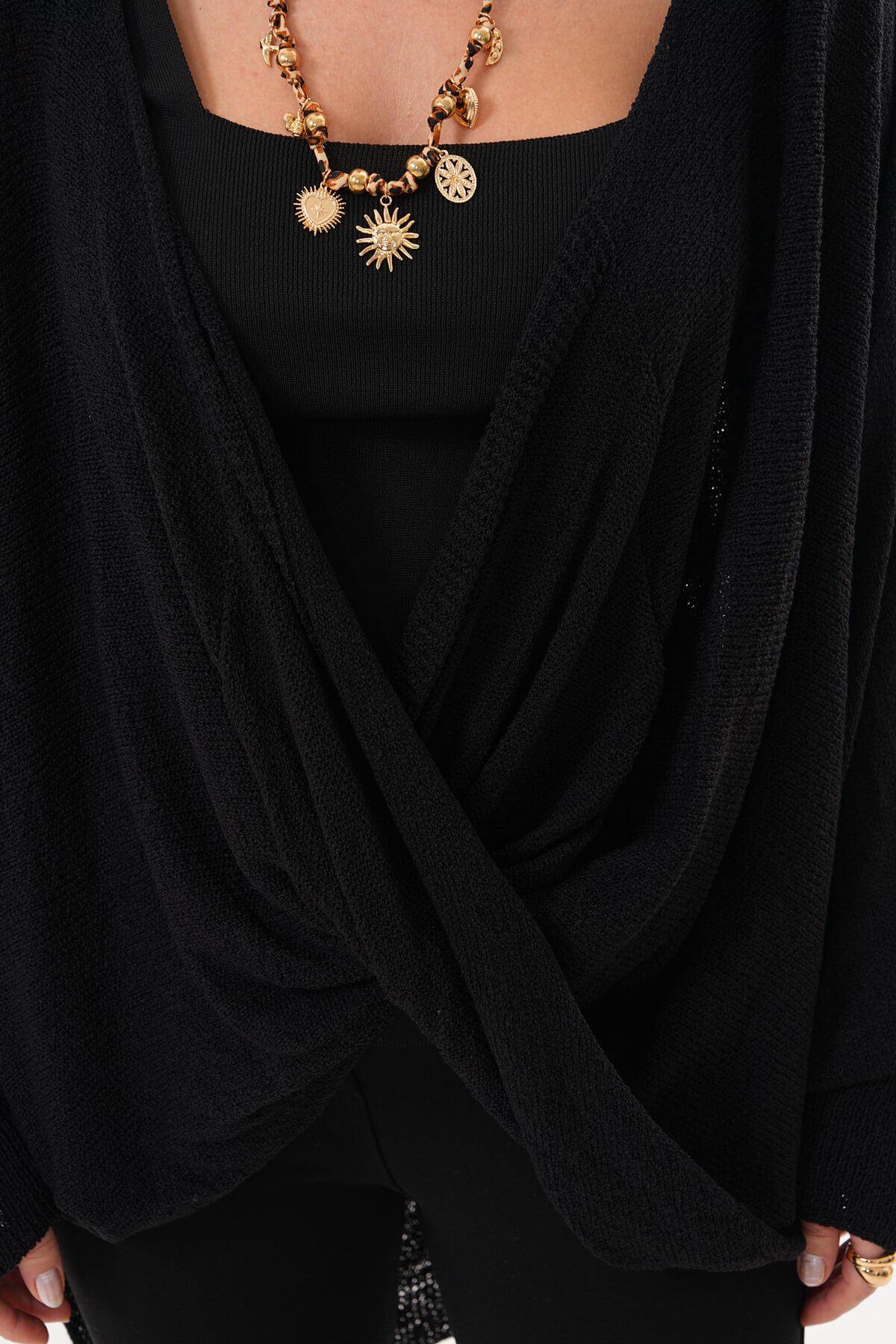 Çapraz Drapeli Triko Bluz MDG-1012 Siyah - 2