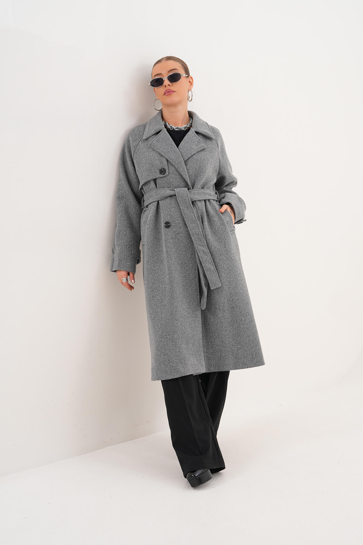 Çift Düğmeli Kaban MDG-ALTY-5176 Gri - MDG