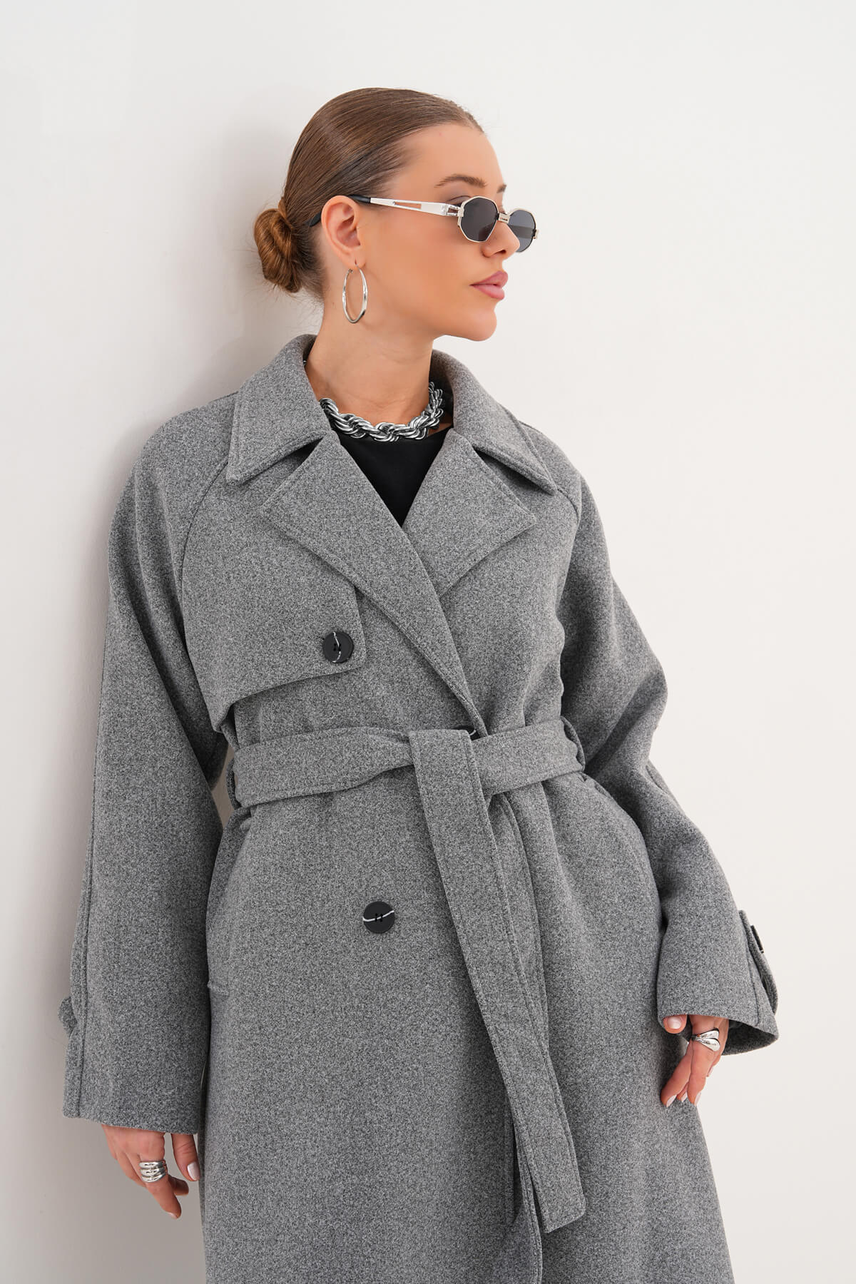 Çift Düğmeli Kaban MDG-ALTY-5176 Gri - 2