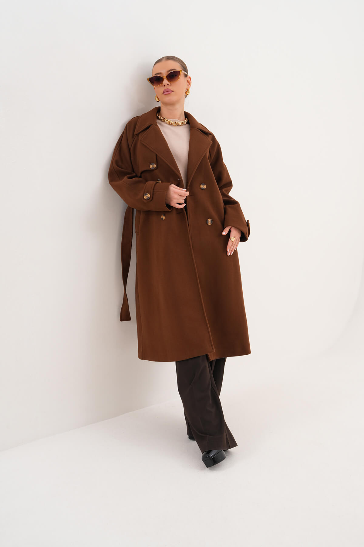 Çift Düğmeli Kaban MDG-ALTY-5176 Kahverengi - MDG