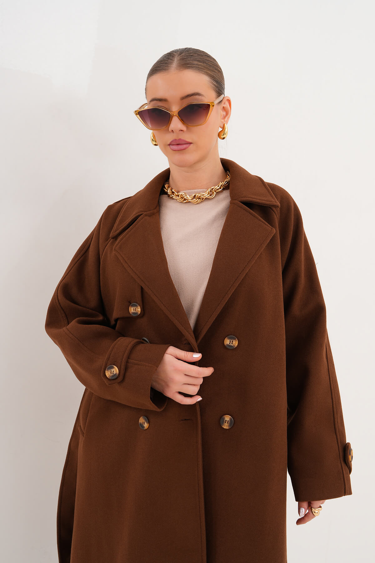 Çift Düğmeli Kaban MDG-ALTY-5176 Kahverengi - 2