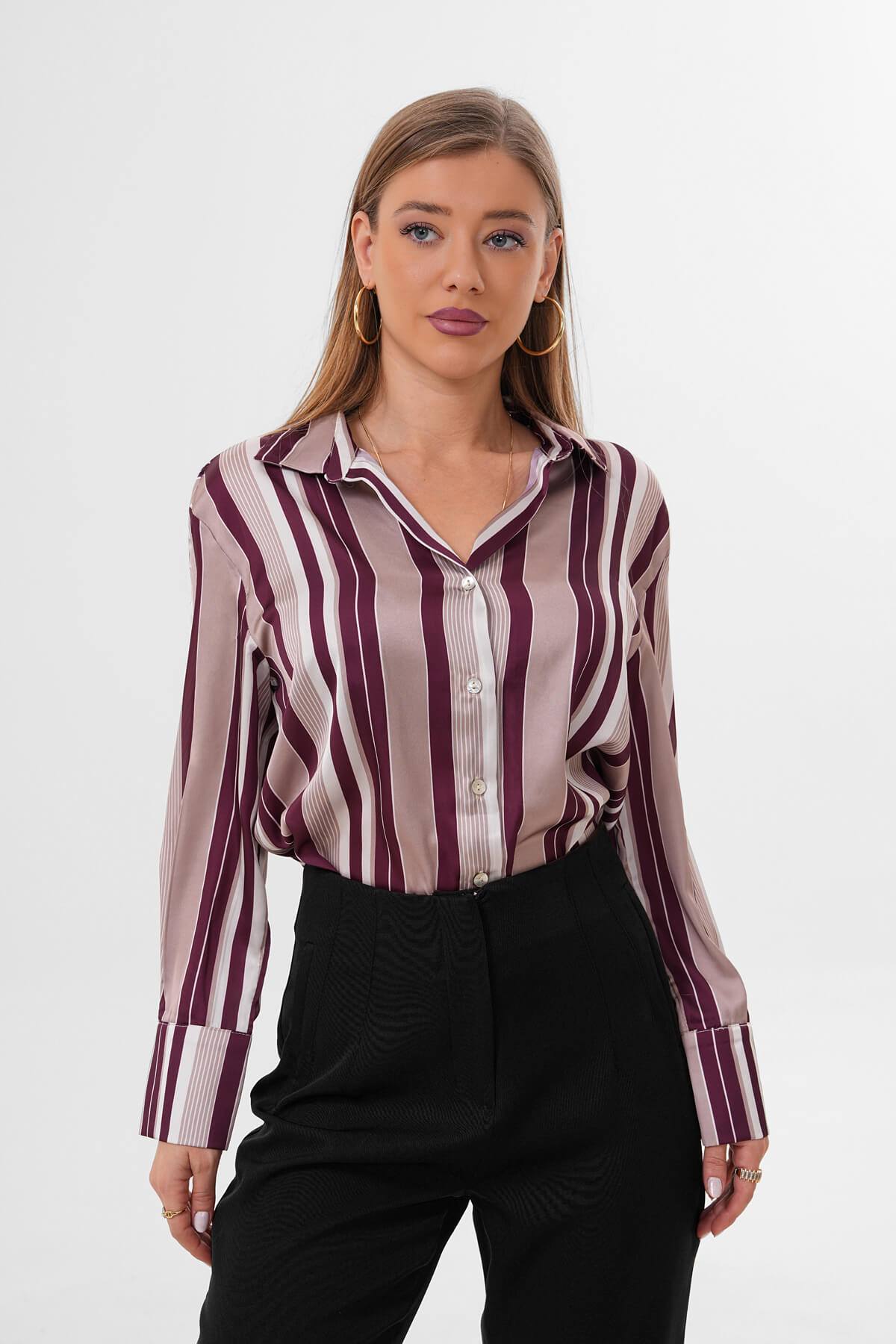 Çizgili Saten Gömlek MDG-25-D-32 Bordo Çizgili - MDG