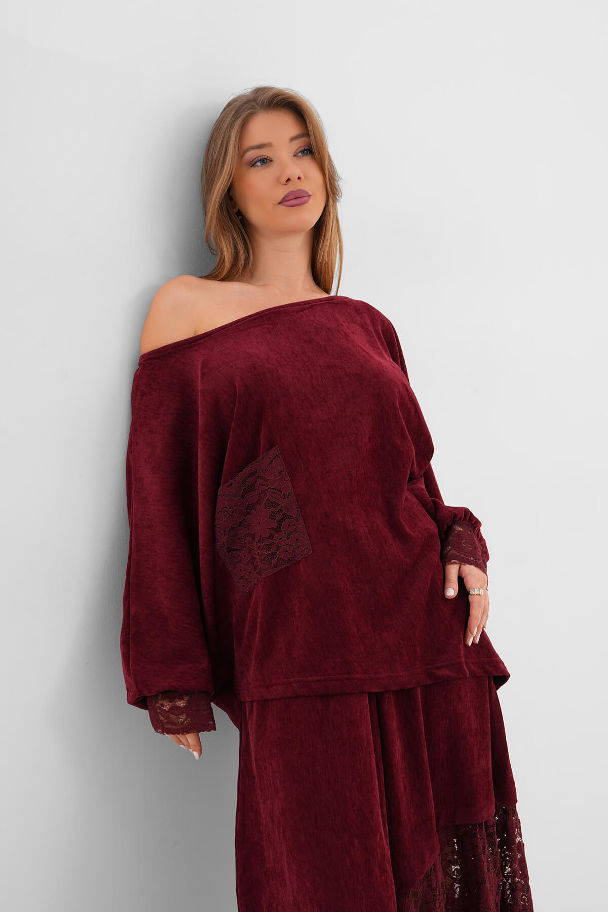 Dantel Detaylı Bluz MDG-25-D-90 Bordo - 1