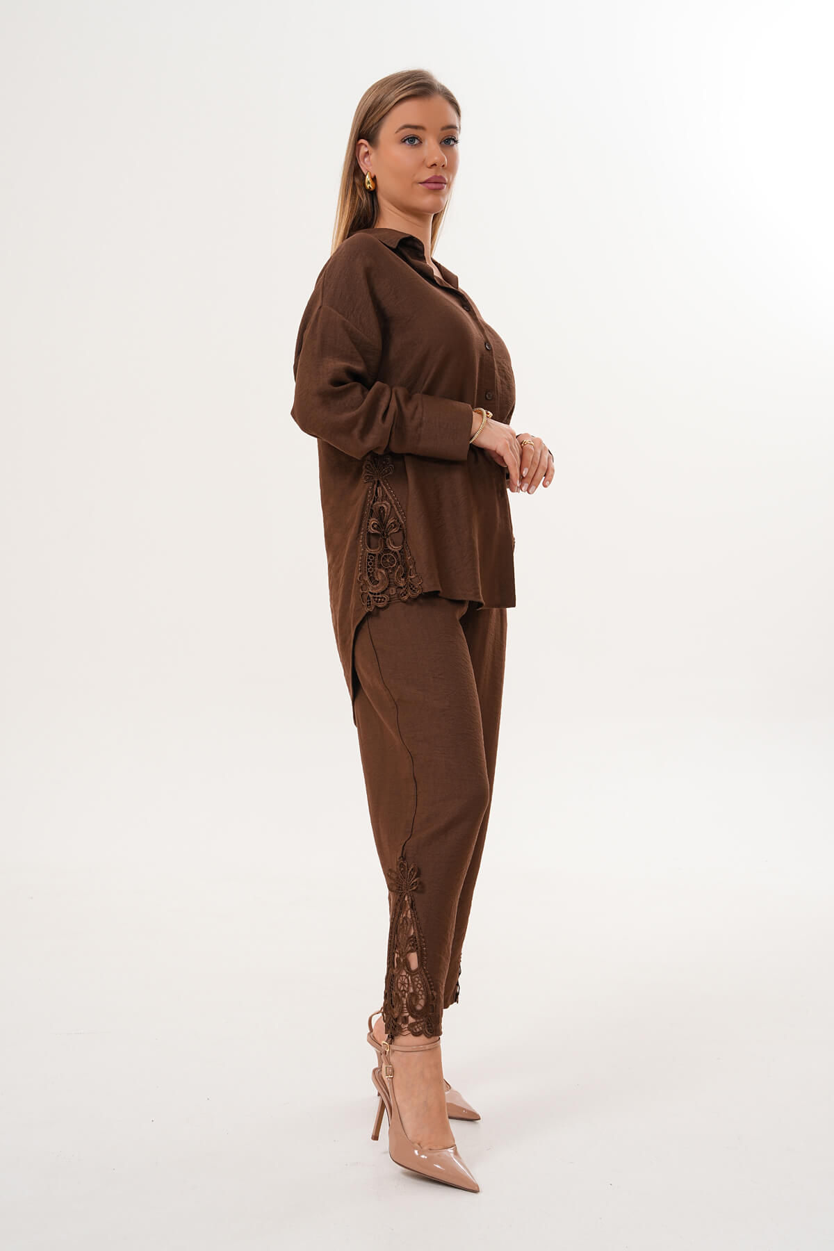 Dantel Detaylı Gömlek MDG-25-D-77 Kahverengi - MDG