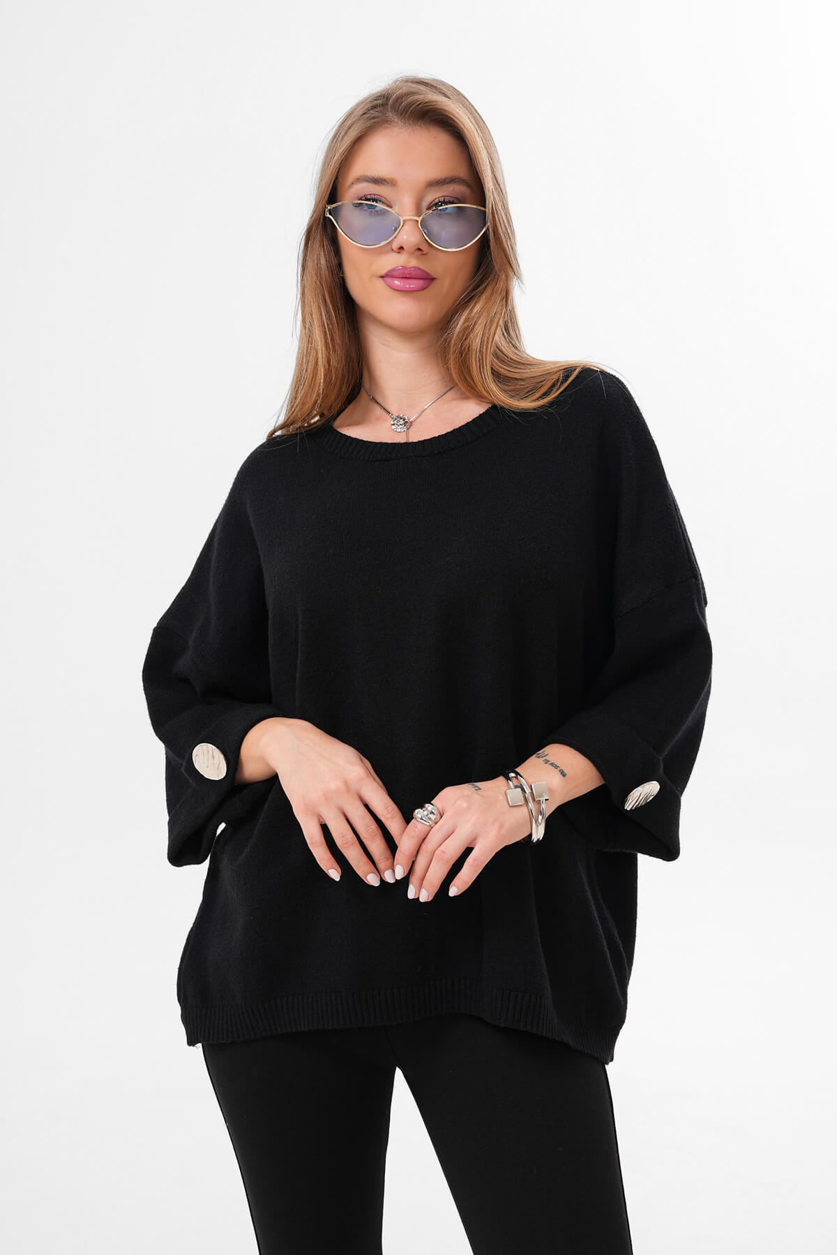 Düğme Detaylı Triko Kazak MDG-2565 Siyah - MDG