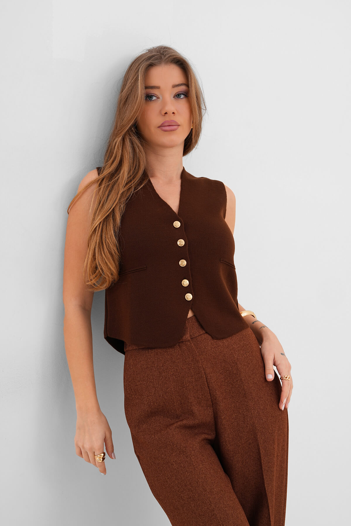 Düğmeli Yelek Akrilik MDG-0011 Kahverengi - 2