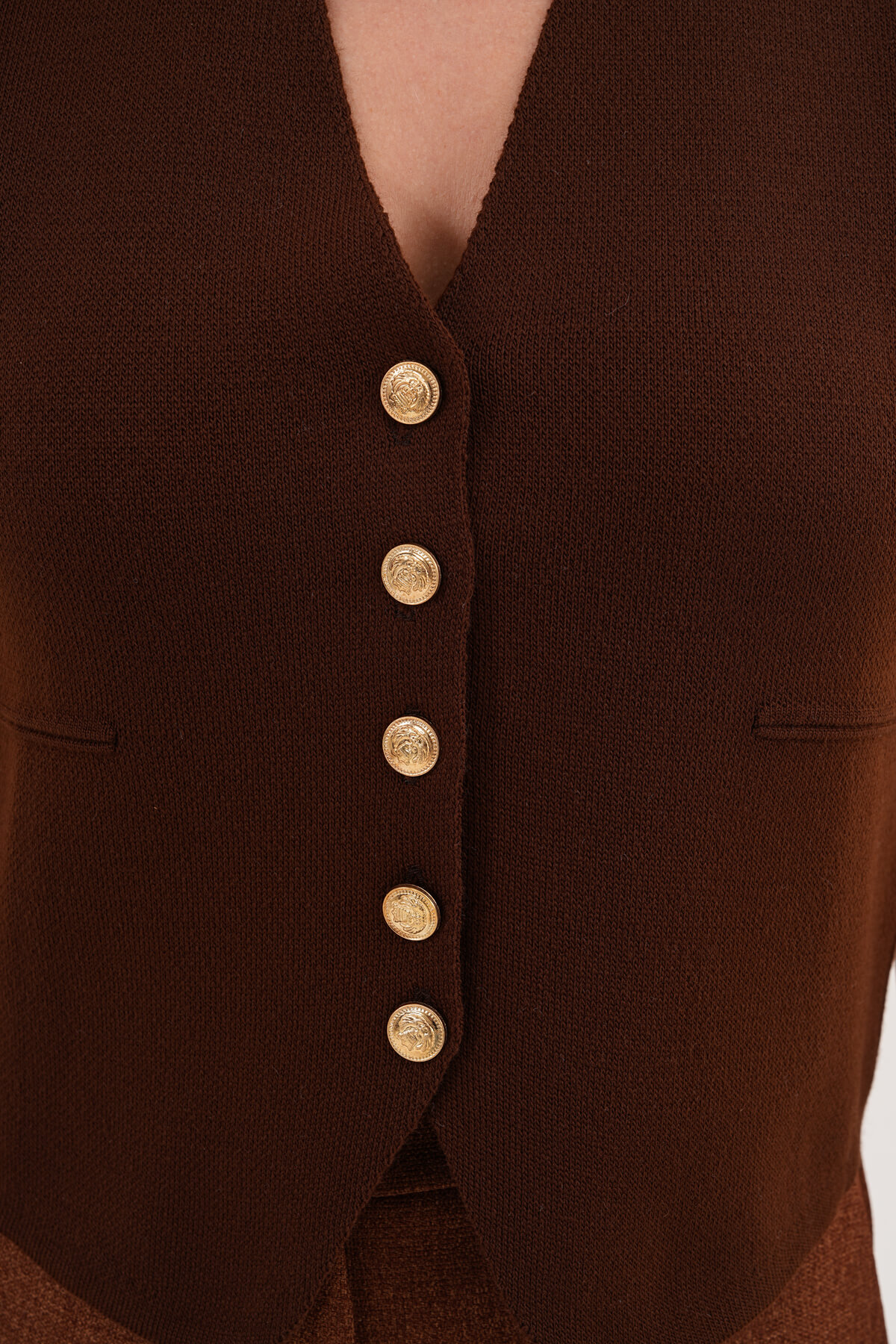 Düğmeli Yelek Akrilik MDG-0011 Kahverengi - 3