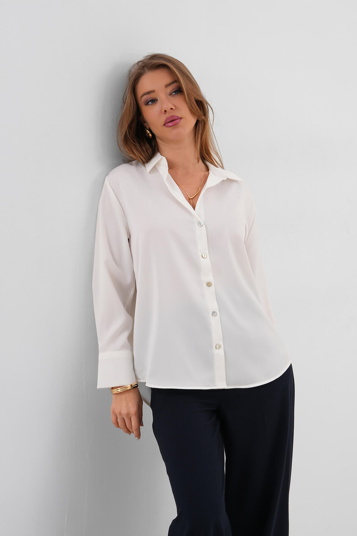 Düz Saten Gömlek MDG-25-D-10490 Ekru - 2