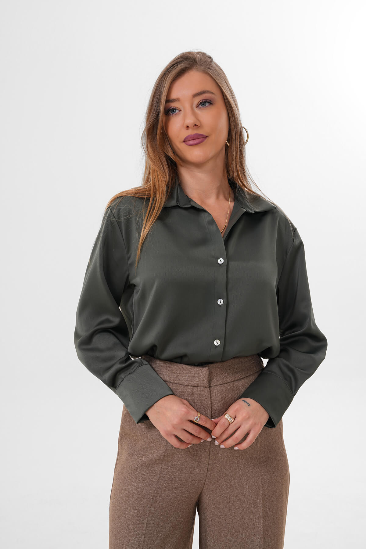 Düz Saten Gömlek MDG-25-D-10490 Haki 