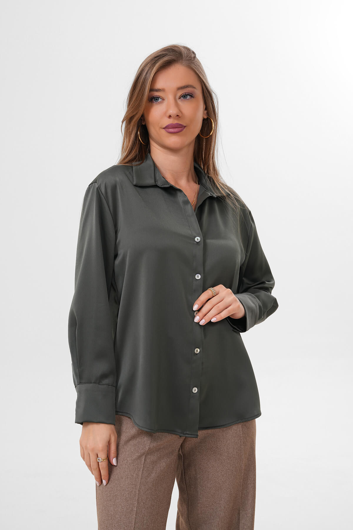 Düz Saten Gömlek MDG-25-D-10490 Haki - 2