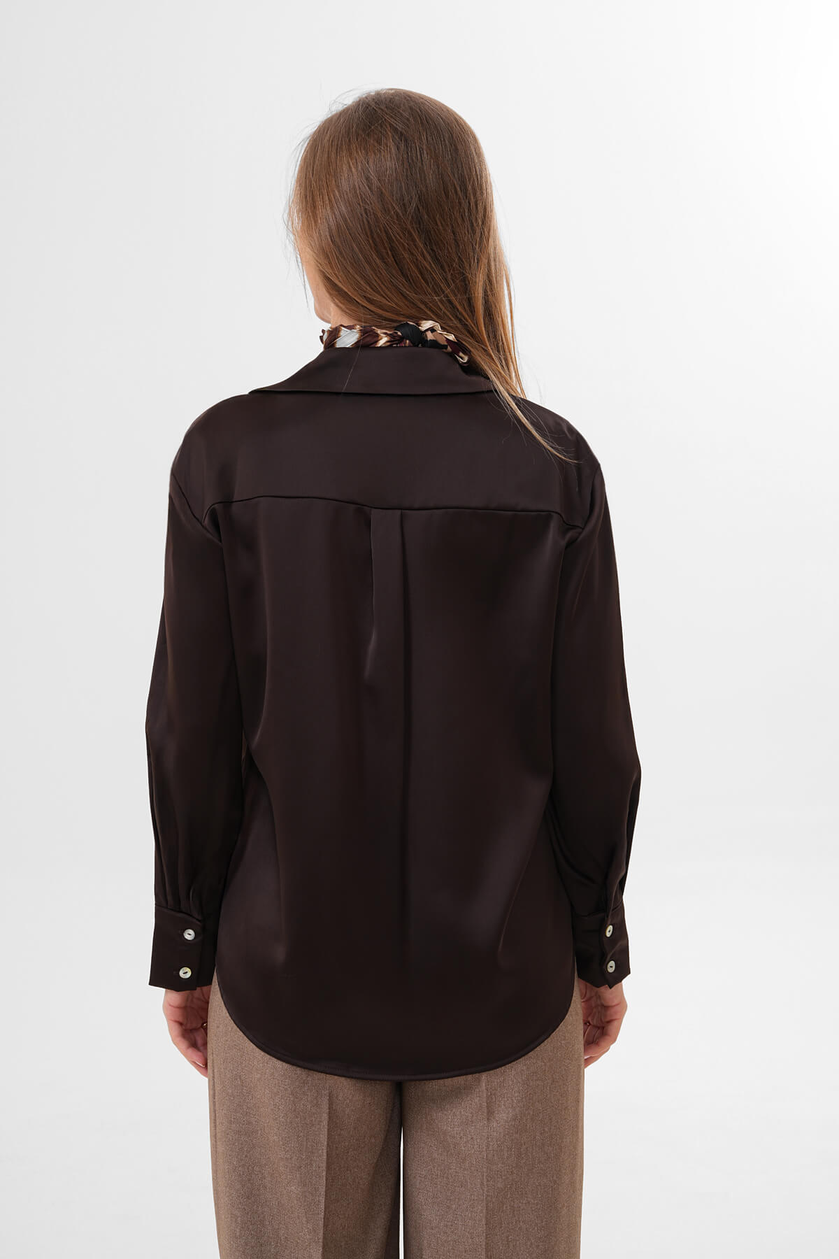 Düz Saten Gömlek MDG-25-D-10490 Kahverengi - 4