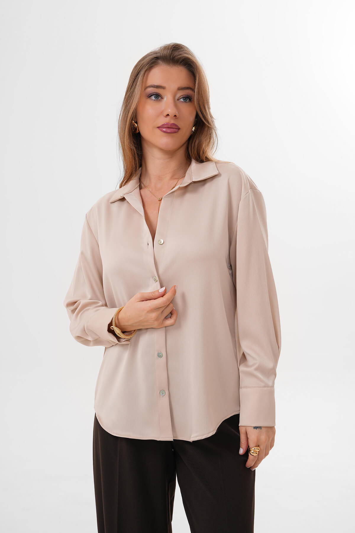 Düz Saten Gömlek MDG-25-D-10490 Krem - 2