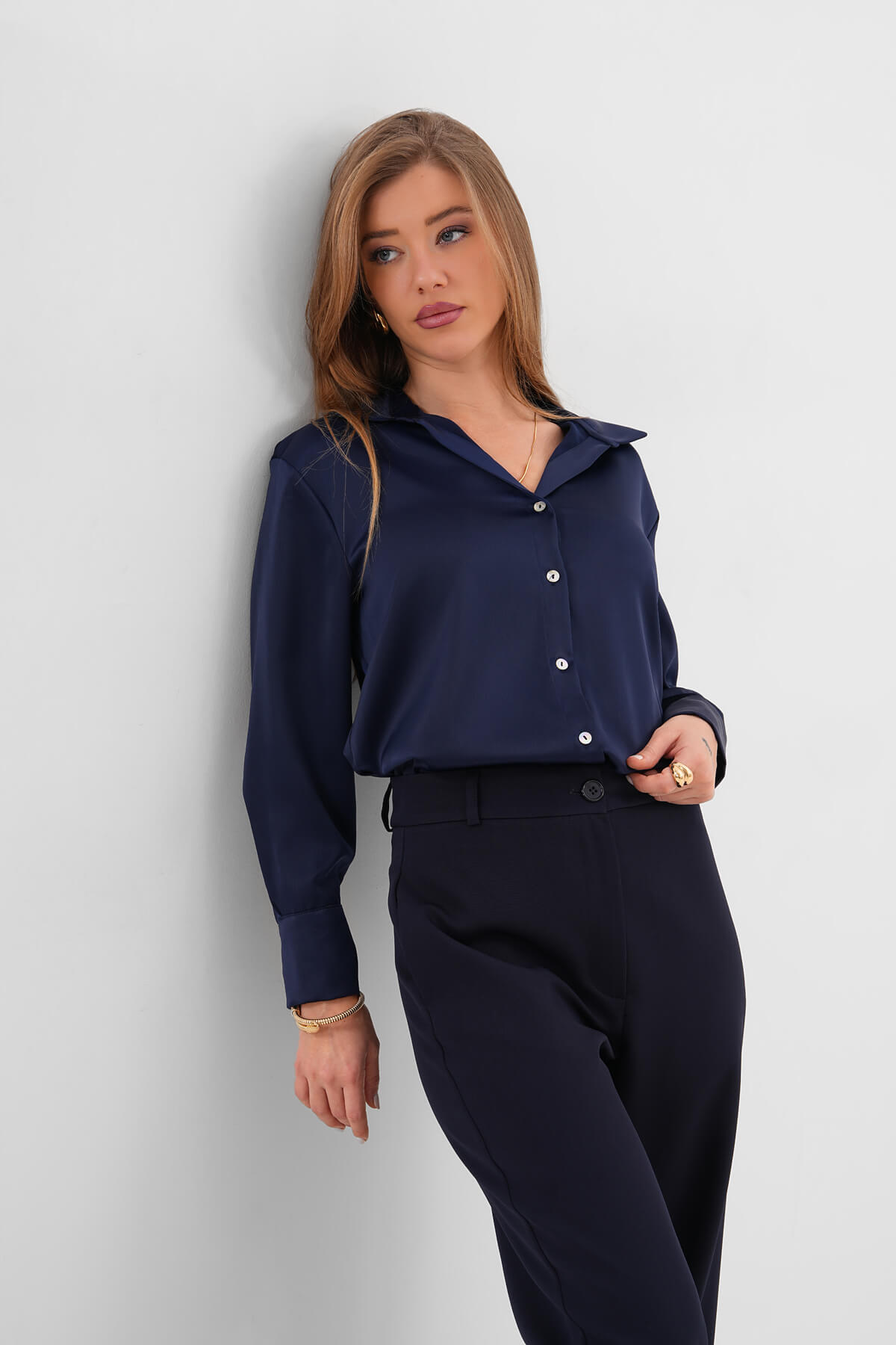 Düz Saten Gömlek MDG-25-D-10490 Lacivert - MDG