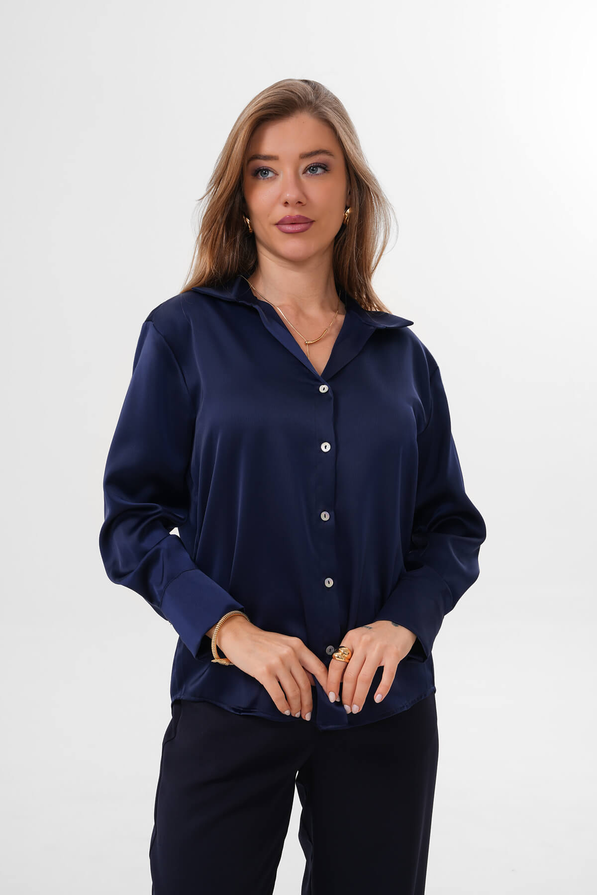 Düz Saten Gömlek MDG-25-D-10490 Lacivert - 2