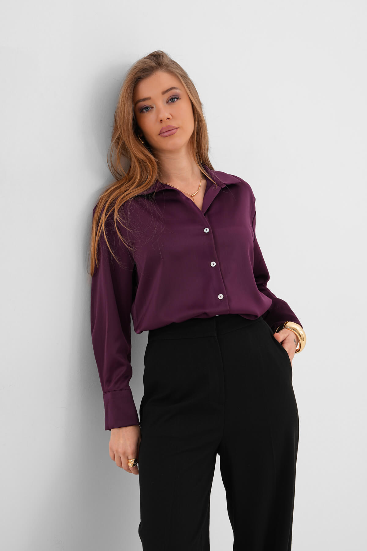 Düz Saten Gömlek MDG-25-D-10490 Mürdüm - 1