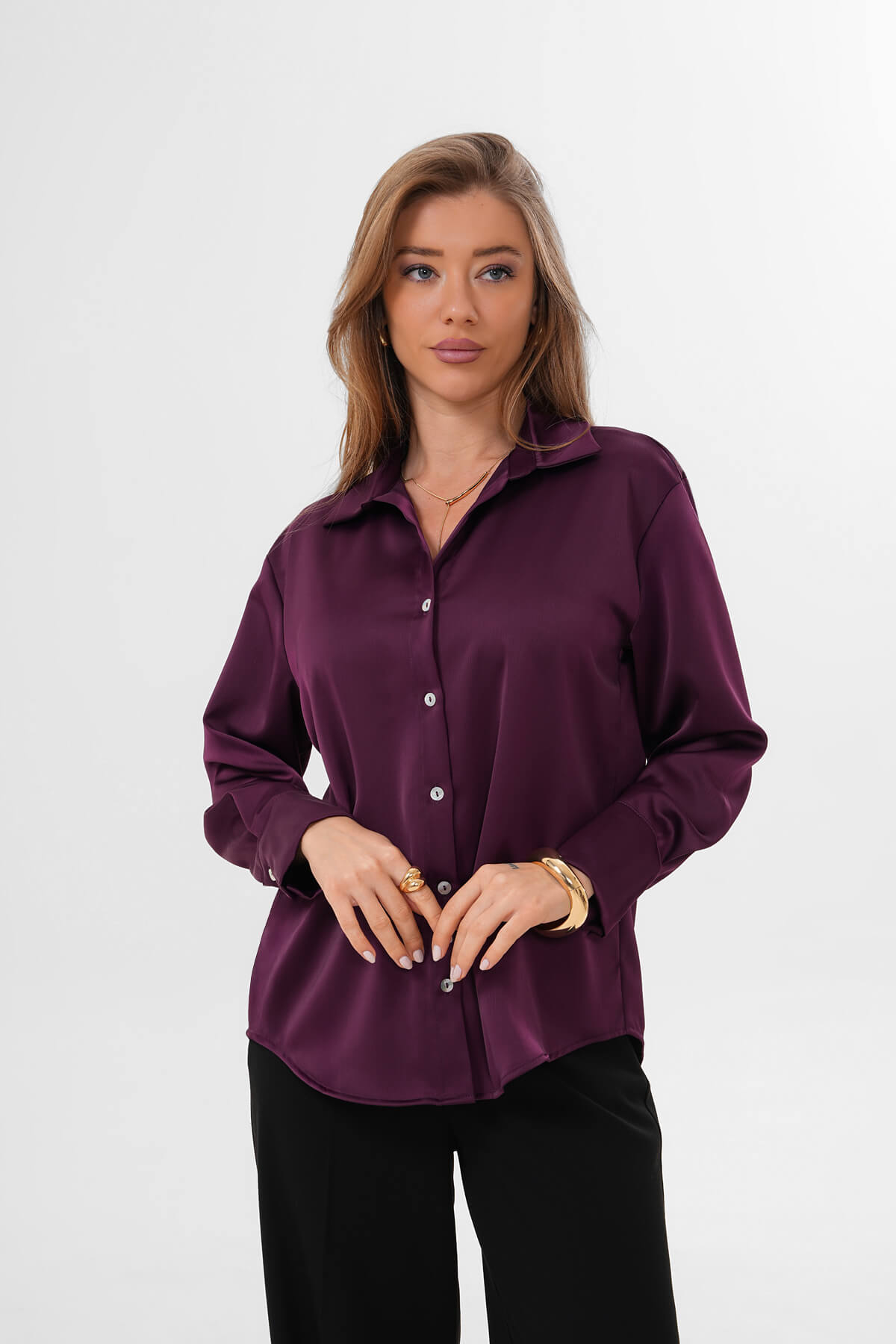 Düz Saten Gömlek MDG-25-D-10490 Mürdüm - 2