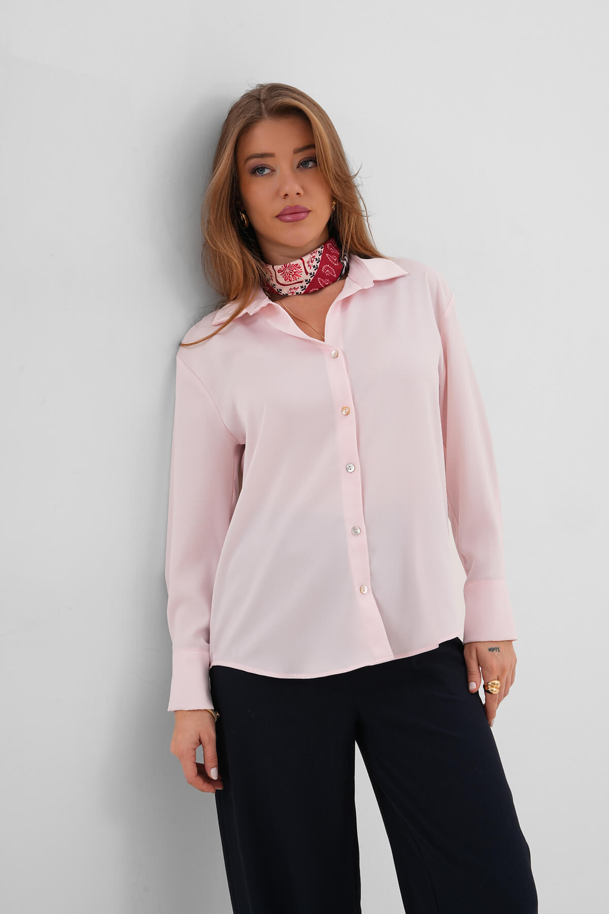 Düz Saten Gömlek MDG-25-D-10490 Pudra - 2