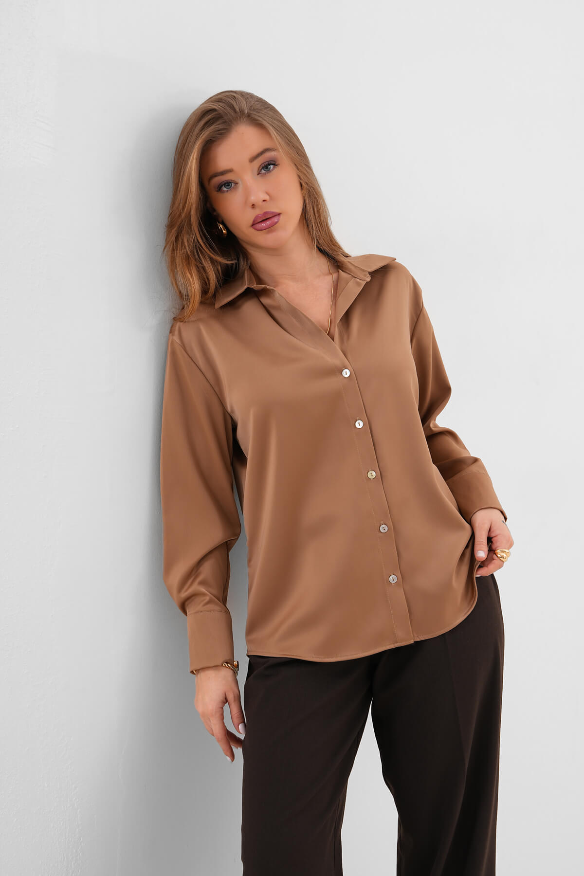 Düz Saten Gömlek MDG-25-D-10490 Vizon - 2