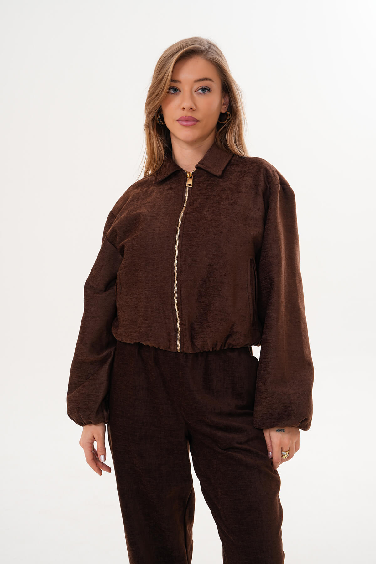 Fermuarlı Crop Mont MDG-ALTY-1001 Kahverengi - 1