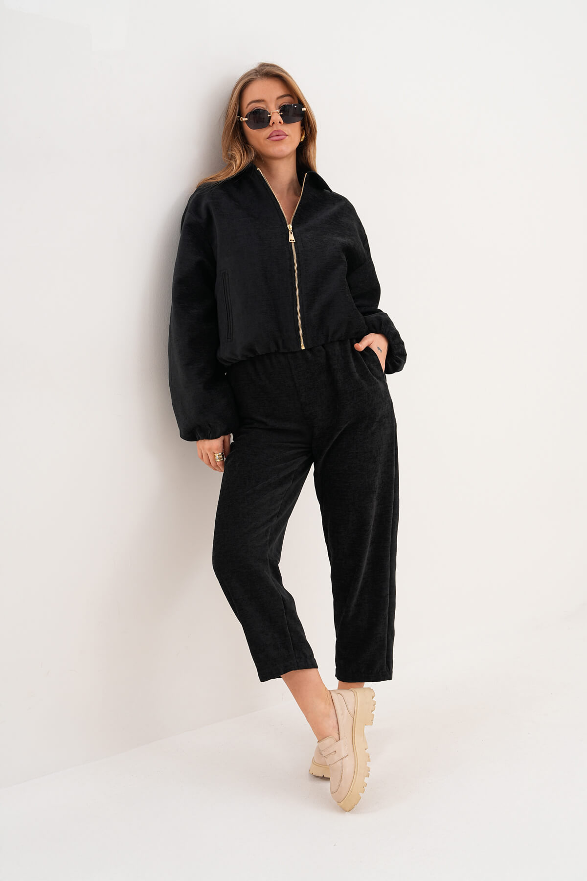 Fermuarlı Crop Mont MDG-ALTY-1001 Siyah - MDG