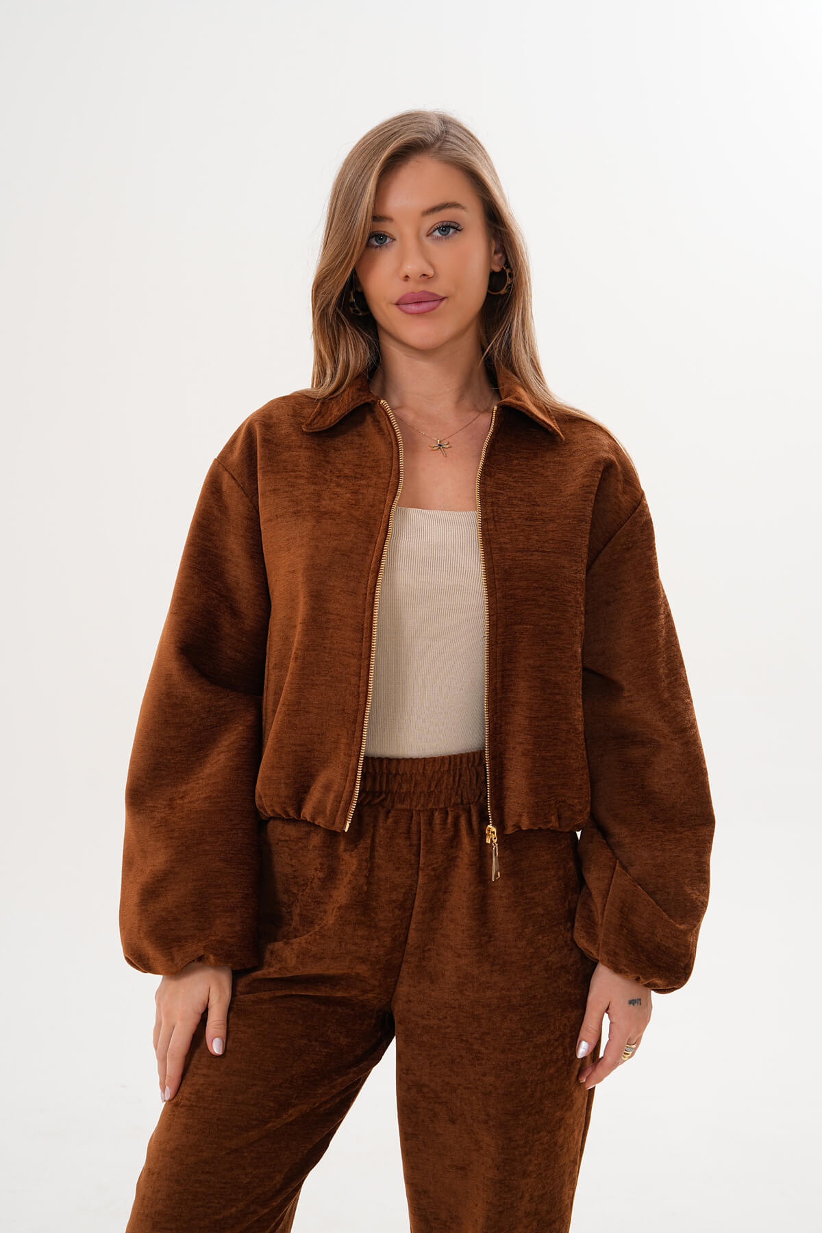 Fermuarlı Crop Mont MDG-ALTY-1001 Taba - 1