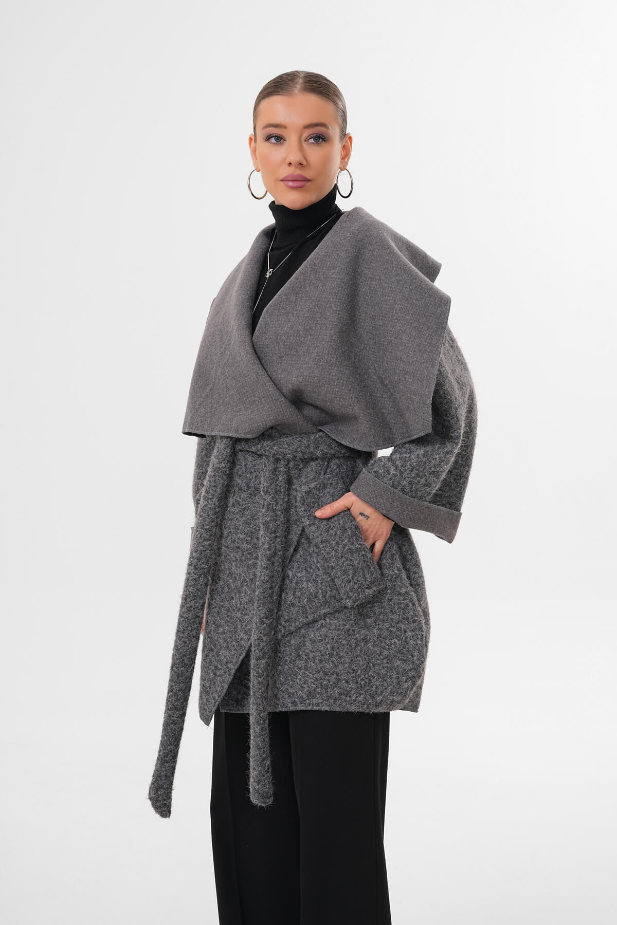 Geniş Yaka Kuşaklı Kaşe Hırka MDG-25-D-107 Antrasit 