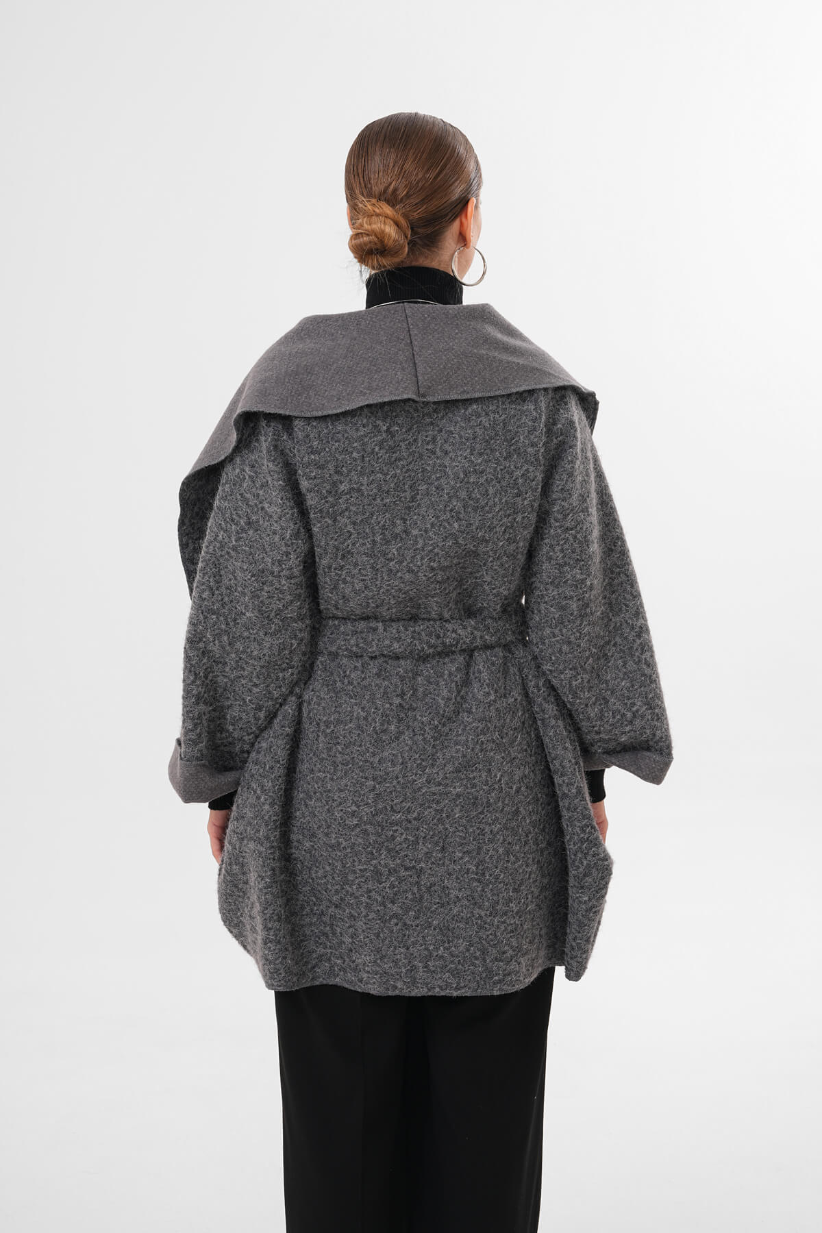 Geniş Yaka Kuşaklı Kaşe Hırka MDG-25-D-107 Antrasit - 2