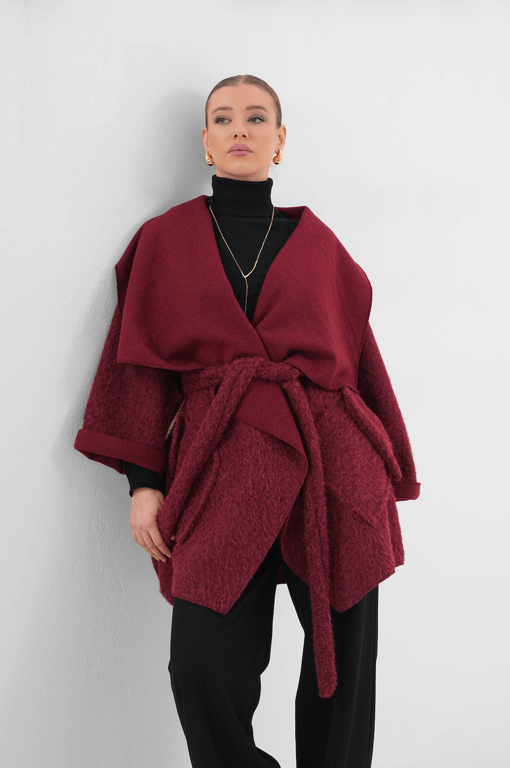 Geniş Yaka Kuşaklı Kaşe Hırka MDG-25-D-107 Bordo 