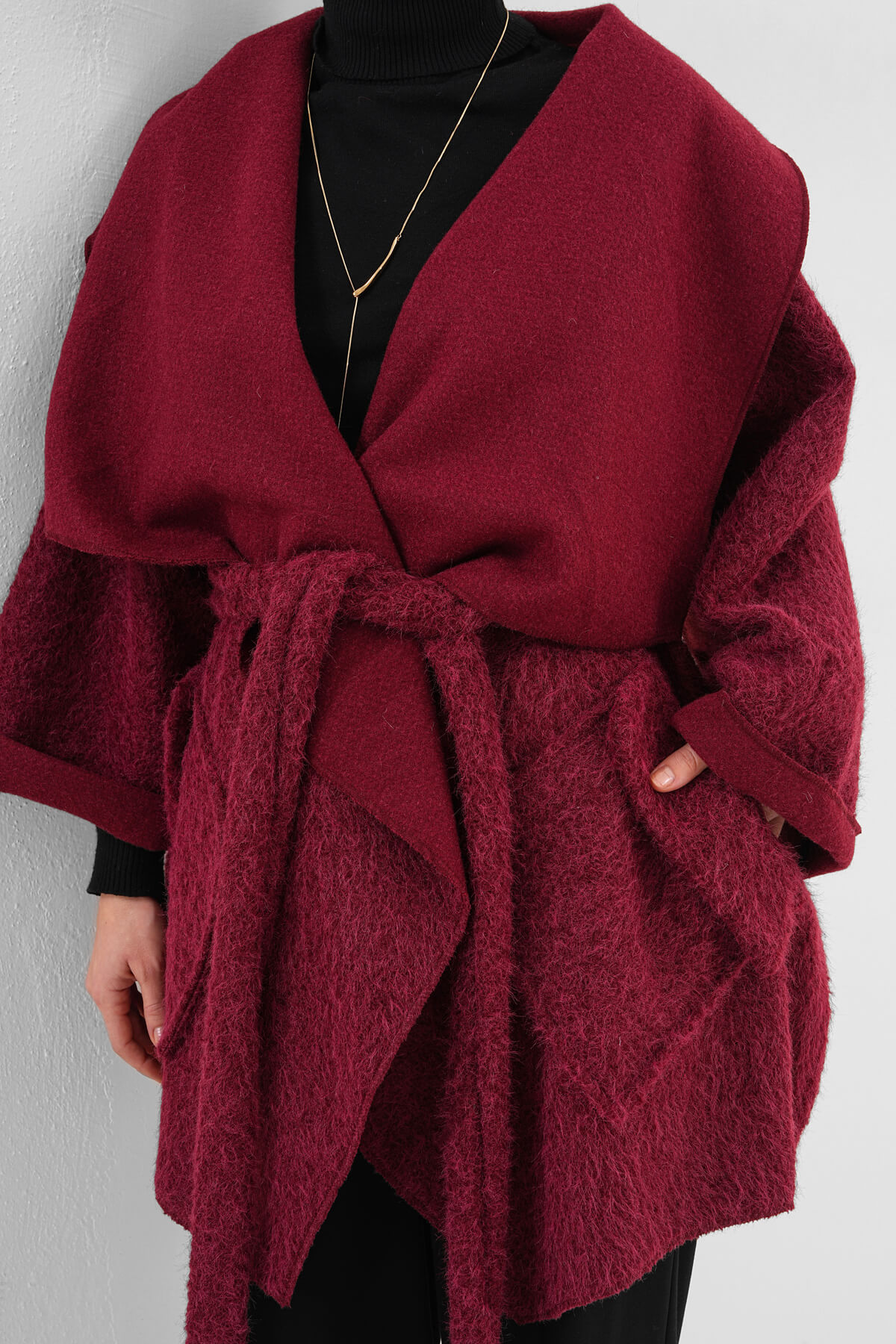 Geniş Yaka Kuşaklı Kaşe Hırka MDG-25-D-107 Bordo - 2