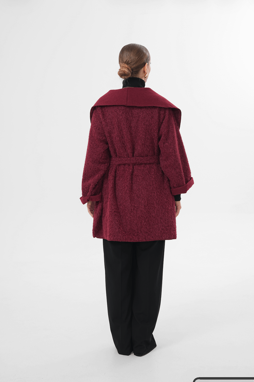 Geniş Yaka Kuşaklı Kaşe Hırka MDG-25-D-107 Bordo - 4