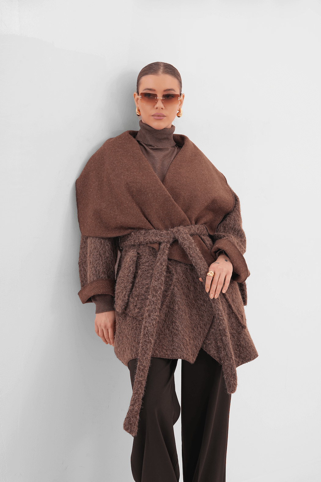 Geniş Yaka Kuşaklı Kaşe Hırka MDG-25-D-107 Kahverengi 