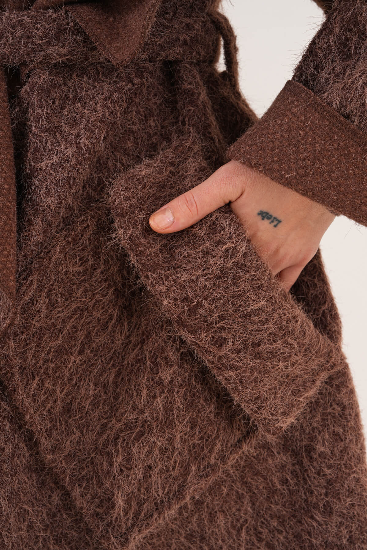 Geniş Yaka Kuşaklı Kaşe Hırka MDG-25-D-107 Kahverengi - 3