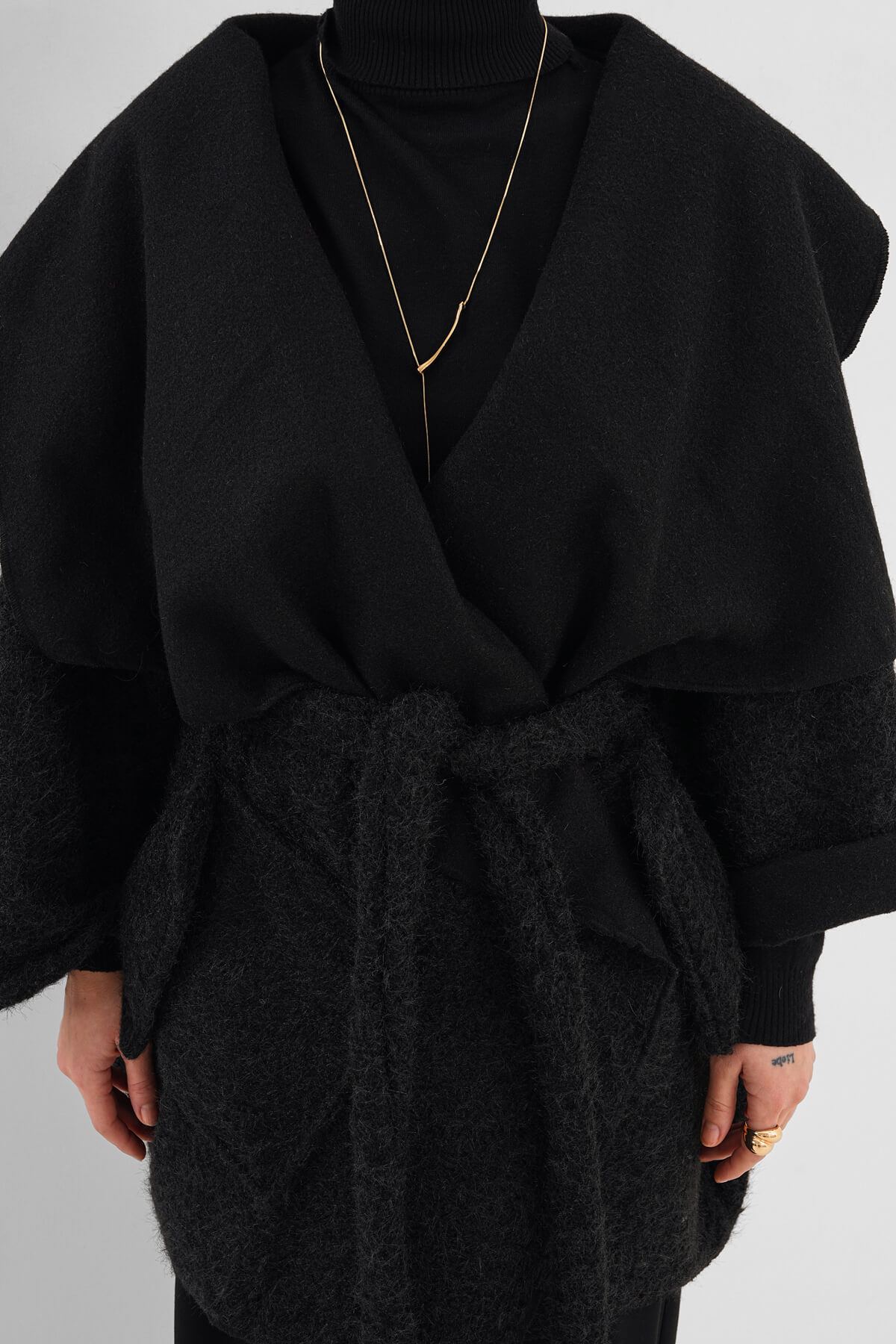 Geniş Yaka Kuşaklı Kaşe Hırka MDG-25-D-107 Siyah - 2